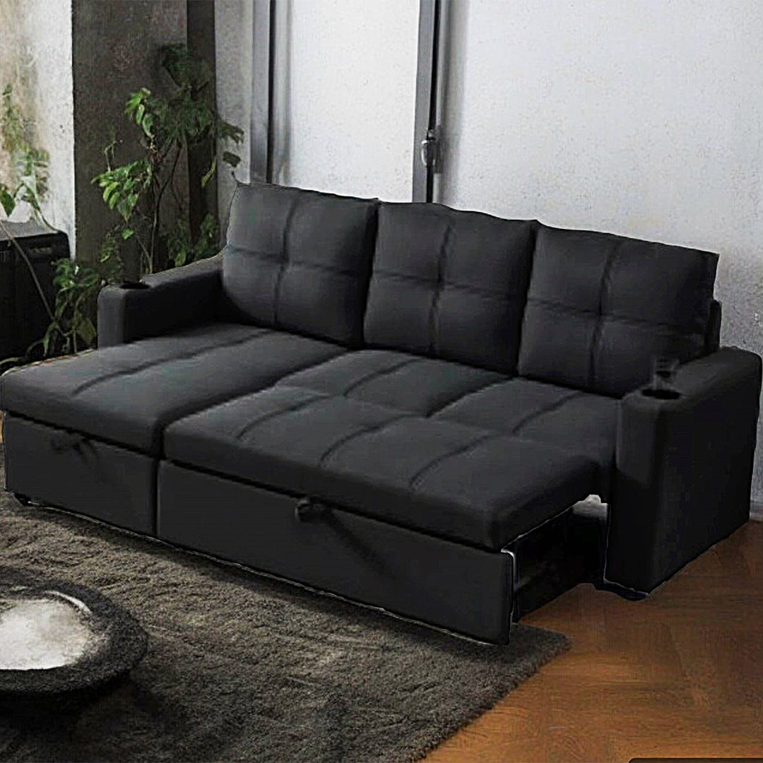 Linda Pull Out Sleeper Sofa Bed With LHF Chaise - Midnight Black