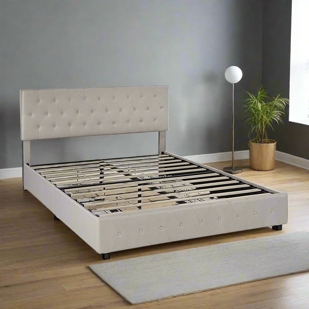 Finley Fabric Upholstered Platform Bed Frame With Built-in USB Charging Ports - Beige