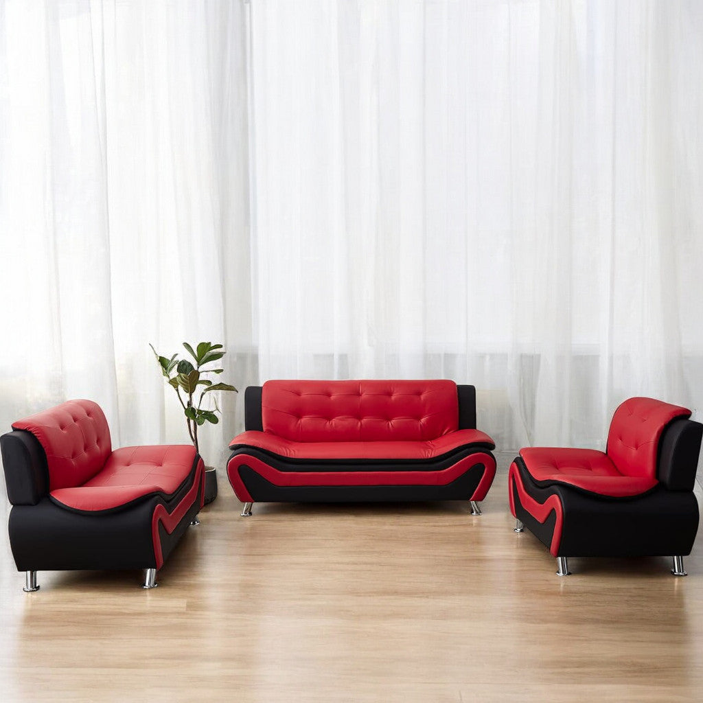 Ember Timeless 3-Piece Sofa Set In Faux Leather Upholstery - Red/ Black