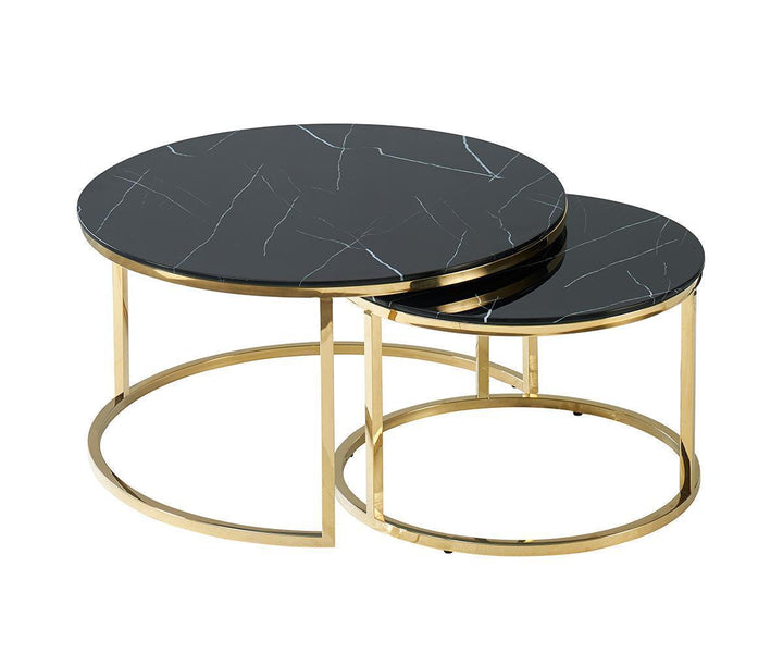 Vanessa Marble Glass Coffee Table With Gold Finish Base | Available In White & Black Top