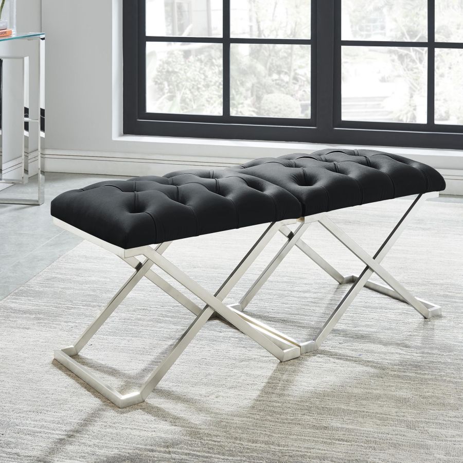 Nova Accent Bench With X-Shaped Stainless Steel Base In Brushed Silver Finish - Black