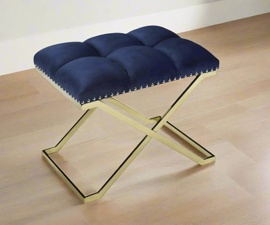 Peregrine Accent Bench With X-Shaped Stainless Steel Base In Gold Finish - Navy Blue