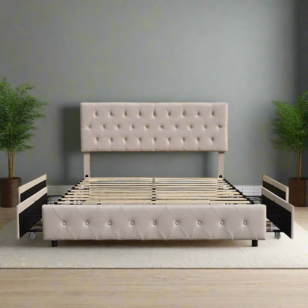 Finley Fabric Upholstered Platform Bed Frame With Built-in USB Charging Ports - Beige