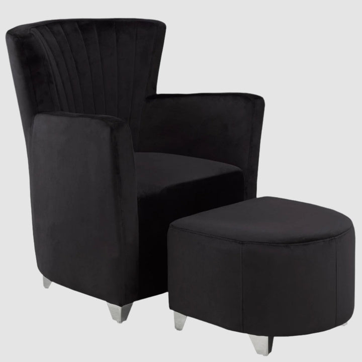 Modern Black Upholstered Club Chair & Ottoman Set – Elegant Comfort with Chrome Legs