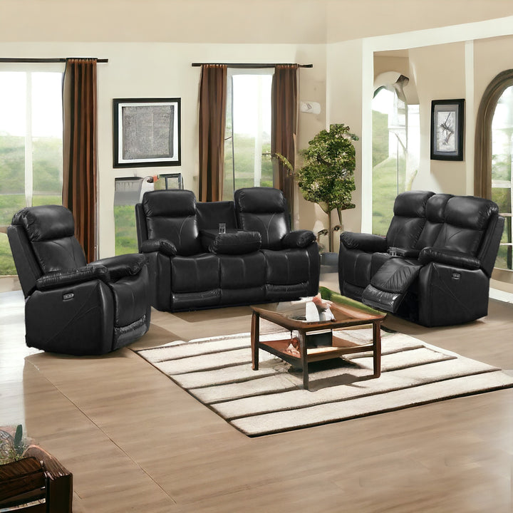 Bliss 3-Piece Power Recliner Set In Leather Upholstery - Striking Black