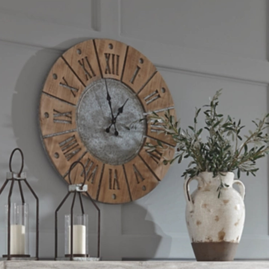 A8010076 Payson Wall Clock In Grey/ Natural Finish | Signature Design By Ashley