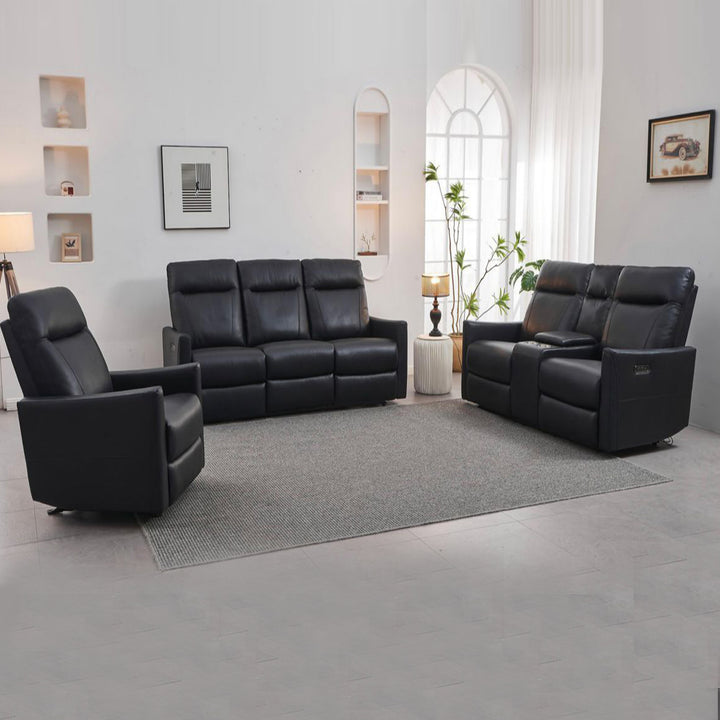 Vertex 3-Piece Power Recliner Set In Soft Leather Upholstery - Black