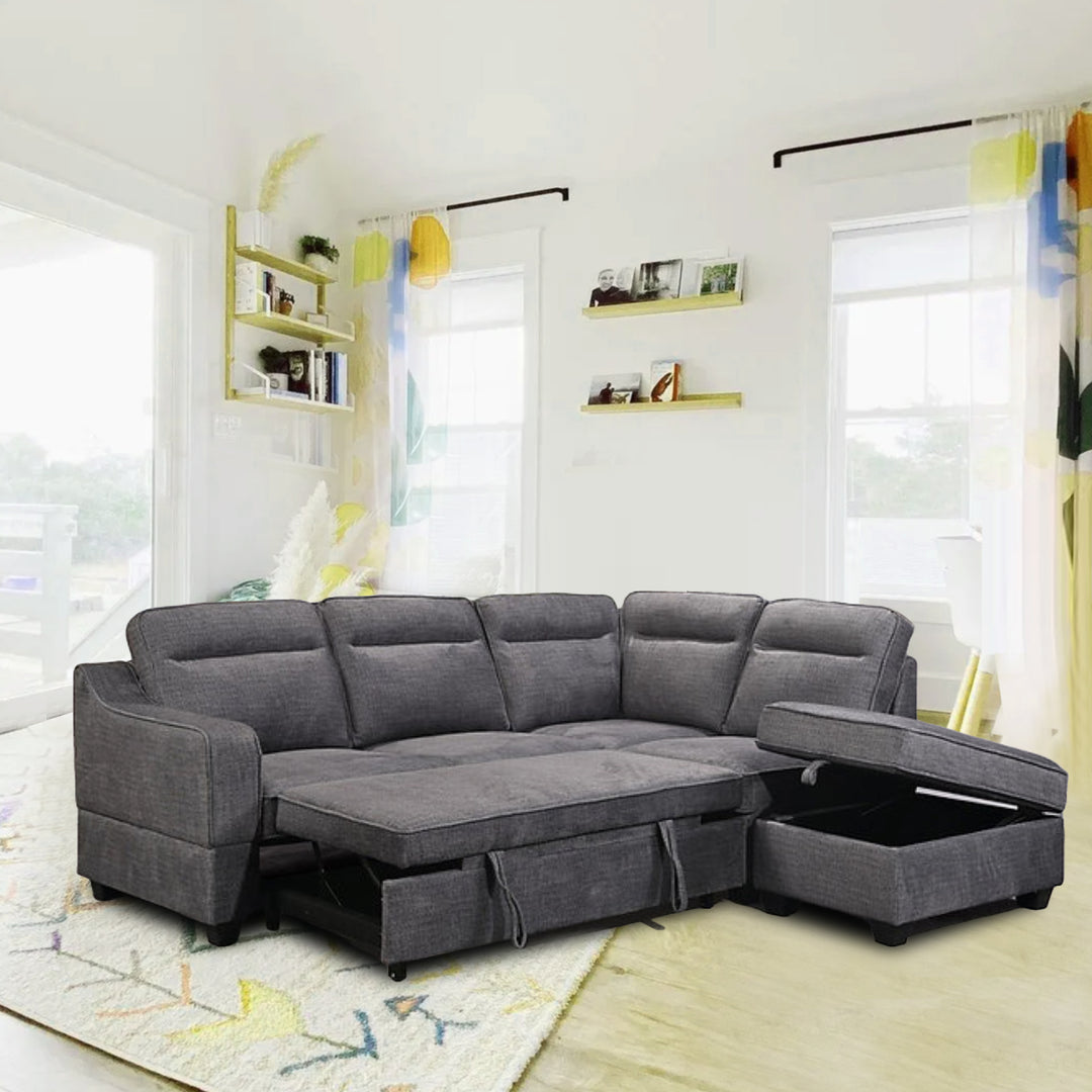 Jaber Relaxing Sectional Sofa Bed With Storage Chaise (RHF) & Storage Ottoman - Grey