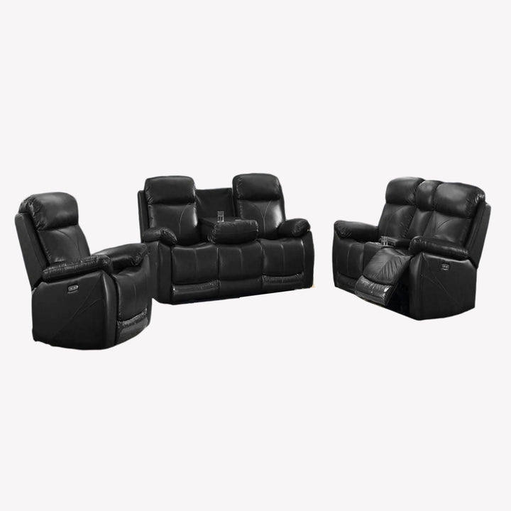 Bliss 3-Piece Power Recliner Set In Leather Upholstery - Striking Black