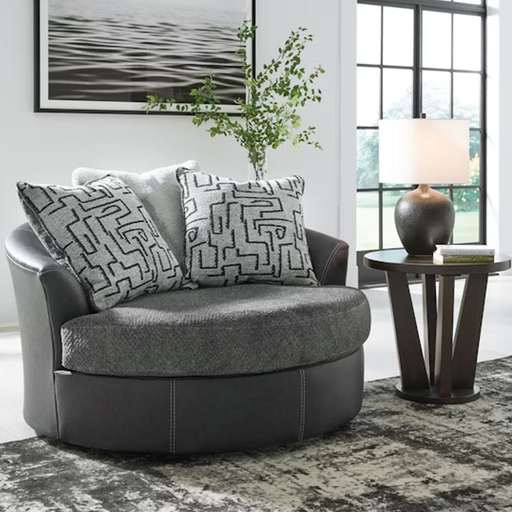 2990621C Brixley Pier Oversized Swivel Accent Chair In Faux Leather/ Fabric Upholstery - Black/ Grey | Signature Design By Ashley