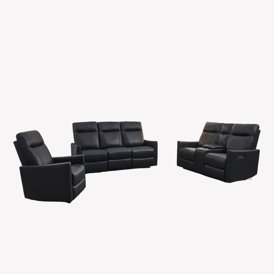 Vertex 3-Piece Power Recliner Set In Soft Leather Upholstery - Black