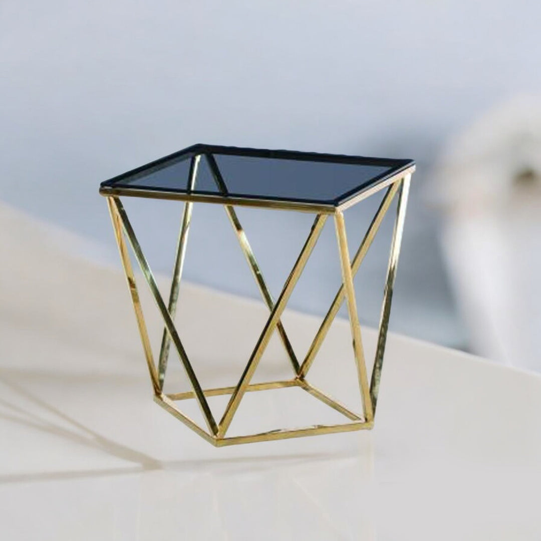 Mia End Table: Modern Elegance with Smoky Glass Top and Gold Metal Base