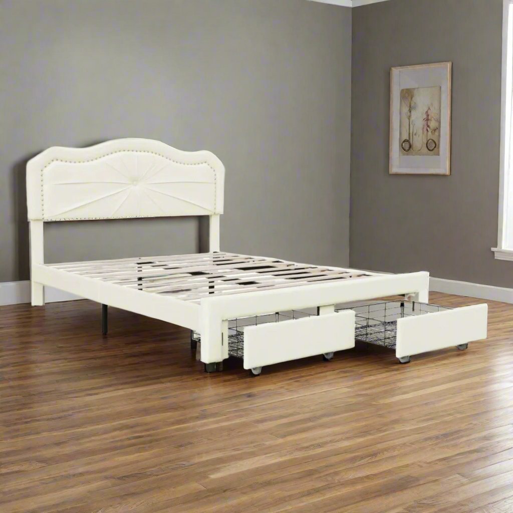 Corbin Elegant Platform Bed Frame With Built-In USB Charging Ports - Beige