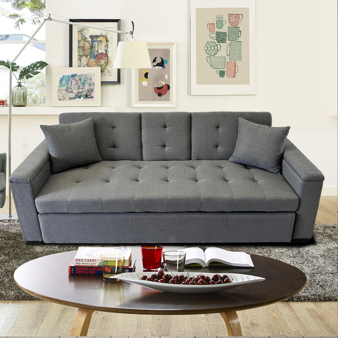 Drizzle Light Grey Convertible Sleeper Sofa Bed With Side Arm Rest Storage & Cup Holders