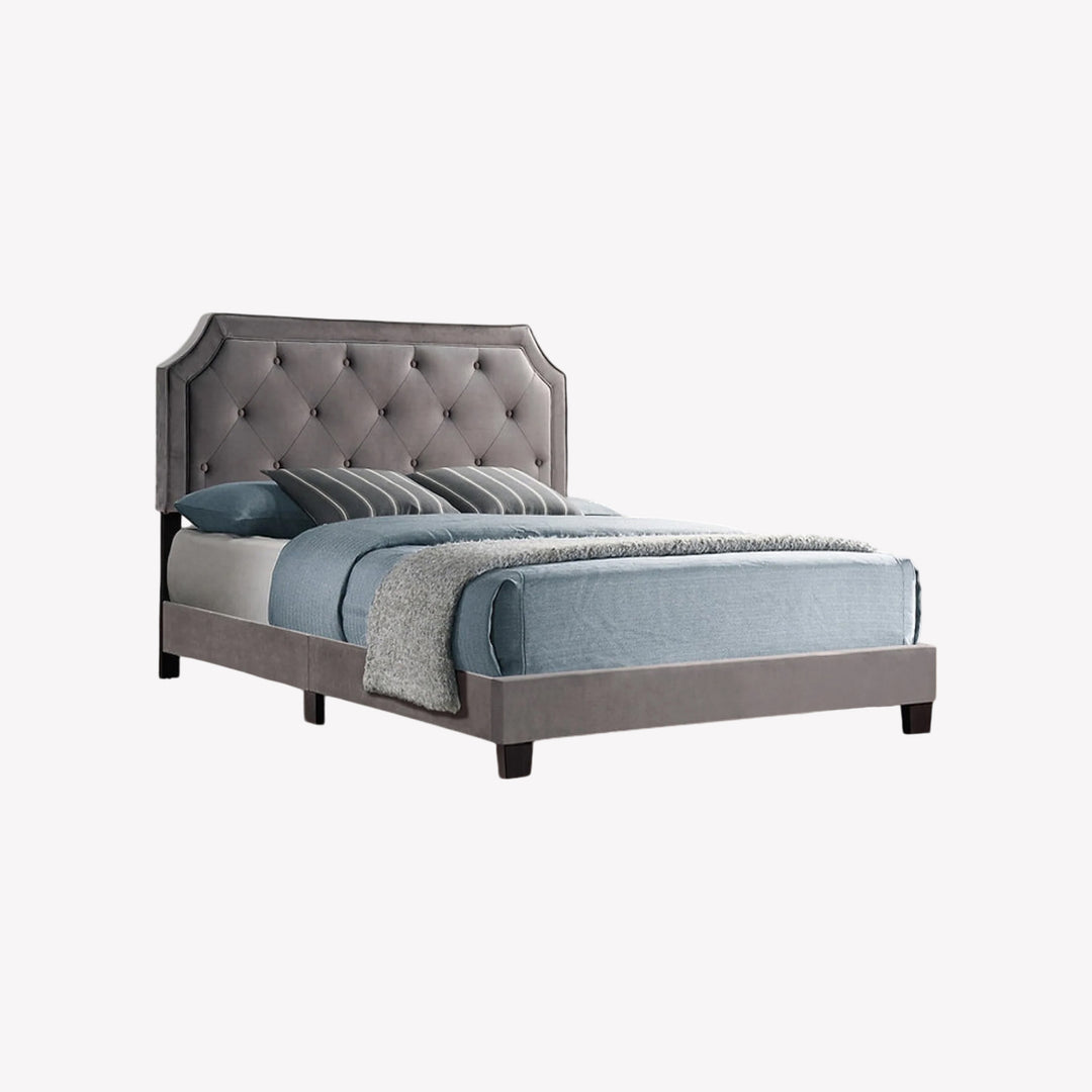 Faye Velvet Upholstered Platform Bed Frame In Grey Finish