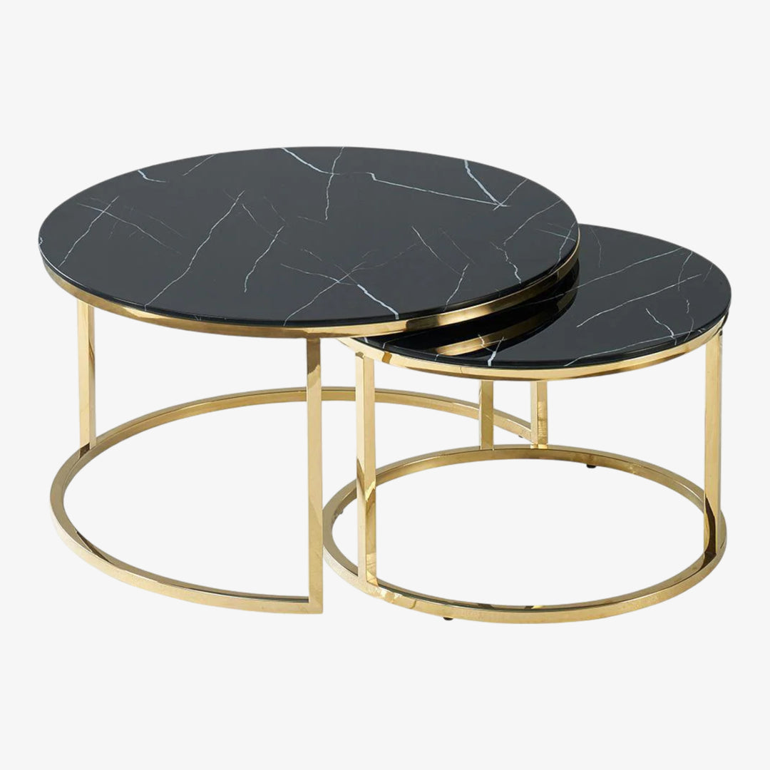 Vanessa Marble Glass Coffee Table With Gold Finish Base | Available In White & Black Top