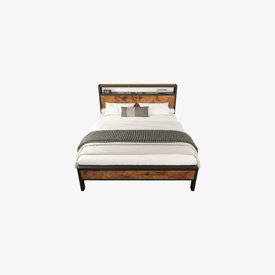 Pioneer Metallic Platform Bed Frame With Storage Headboard - Black/ Brown