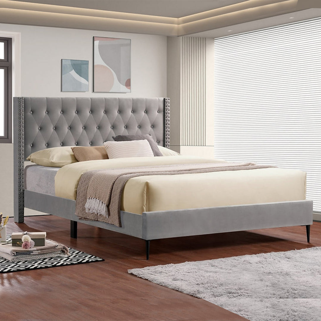 Grippo Exquisite Platform Bed with Sophisticated Velvet Fabric - Grey