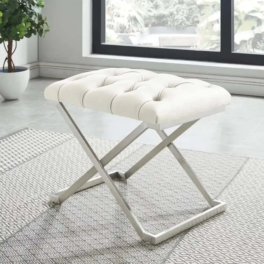 Nova Accent Bench With X-Shaped Stainless Steel Base In Brushed Silver Finish - Ivory