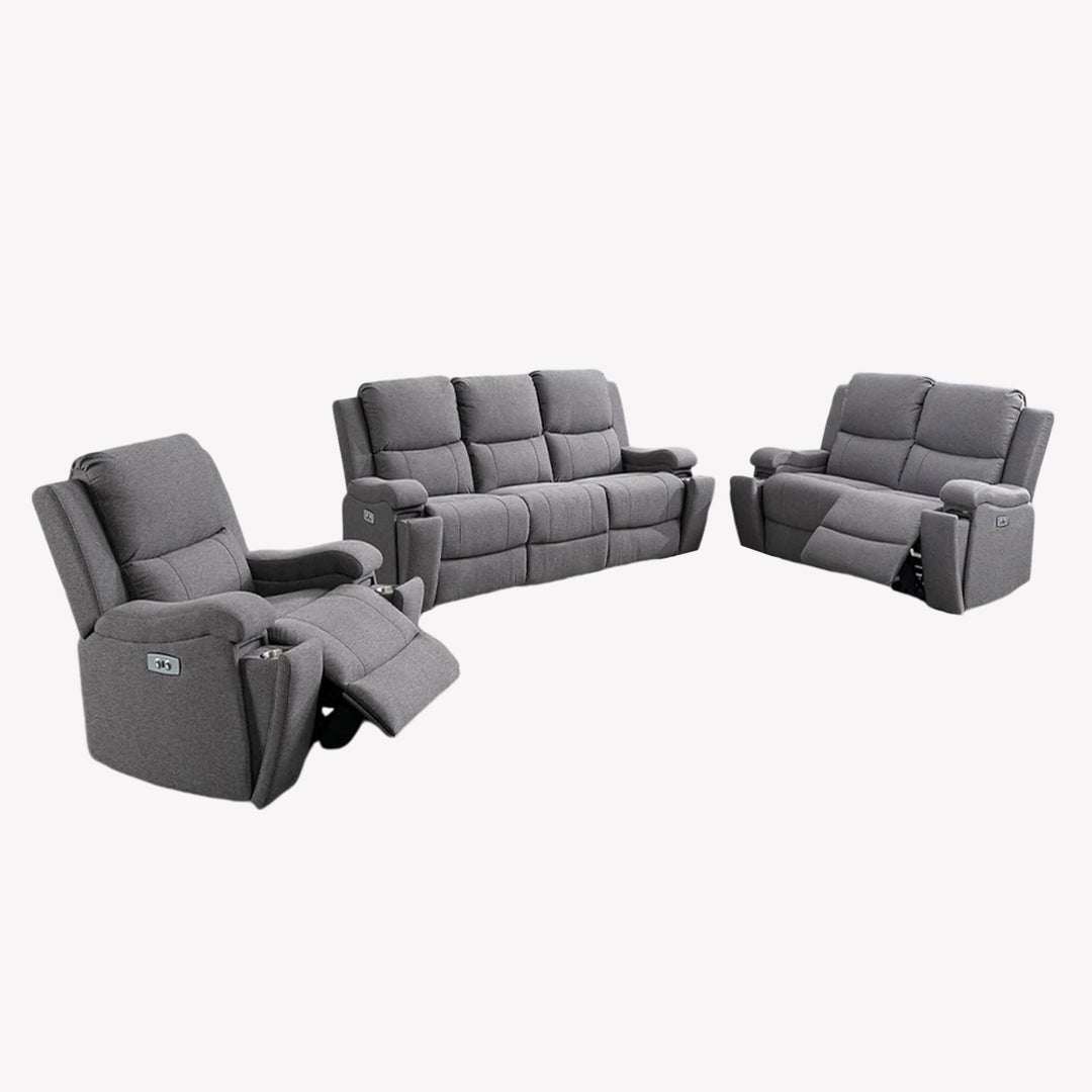 Lexar 3-Piece Power Recliner Set In Soft Fabric Upholstery - Appealing Grey