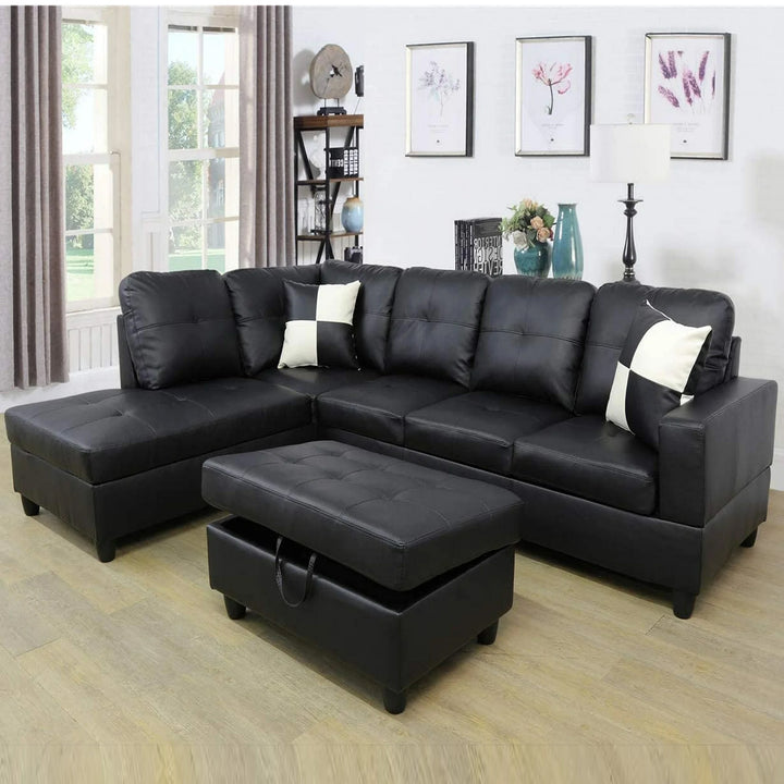Bela Sectional Sofa With Storage Chaise (Reversible) & Ottoman - Black