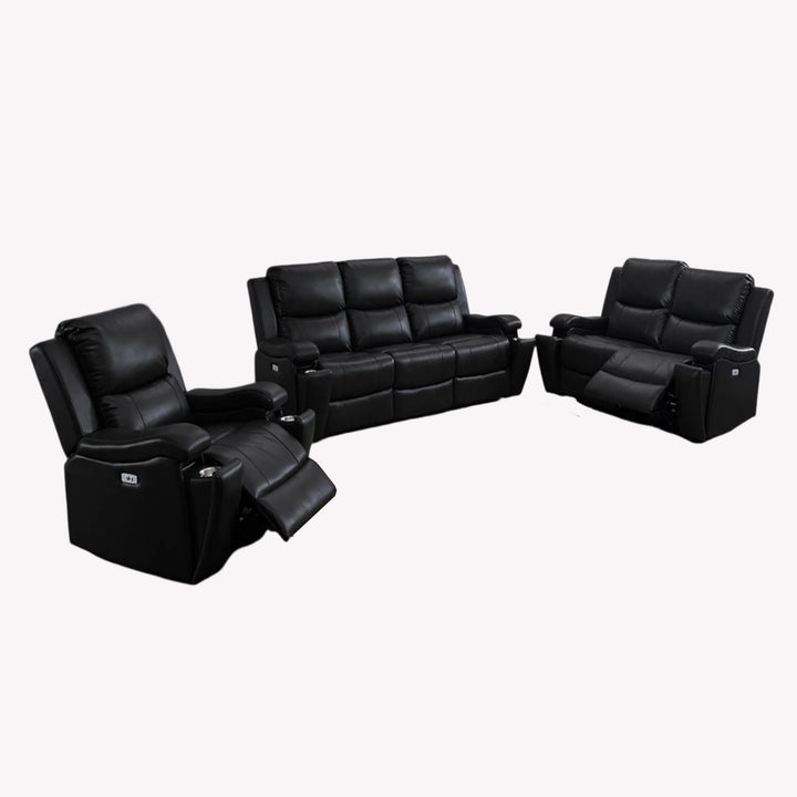 Cassian 3-Piece Recliner Set In Premium Leather Upholstery - Black