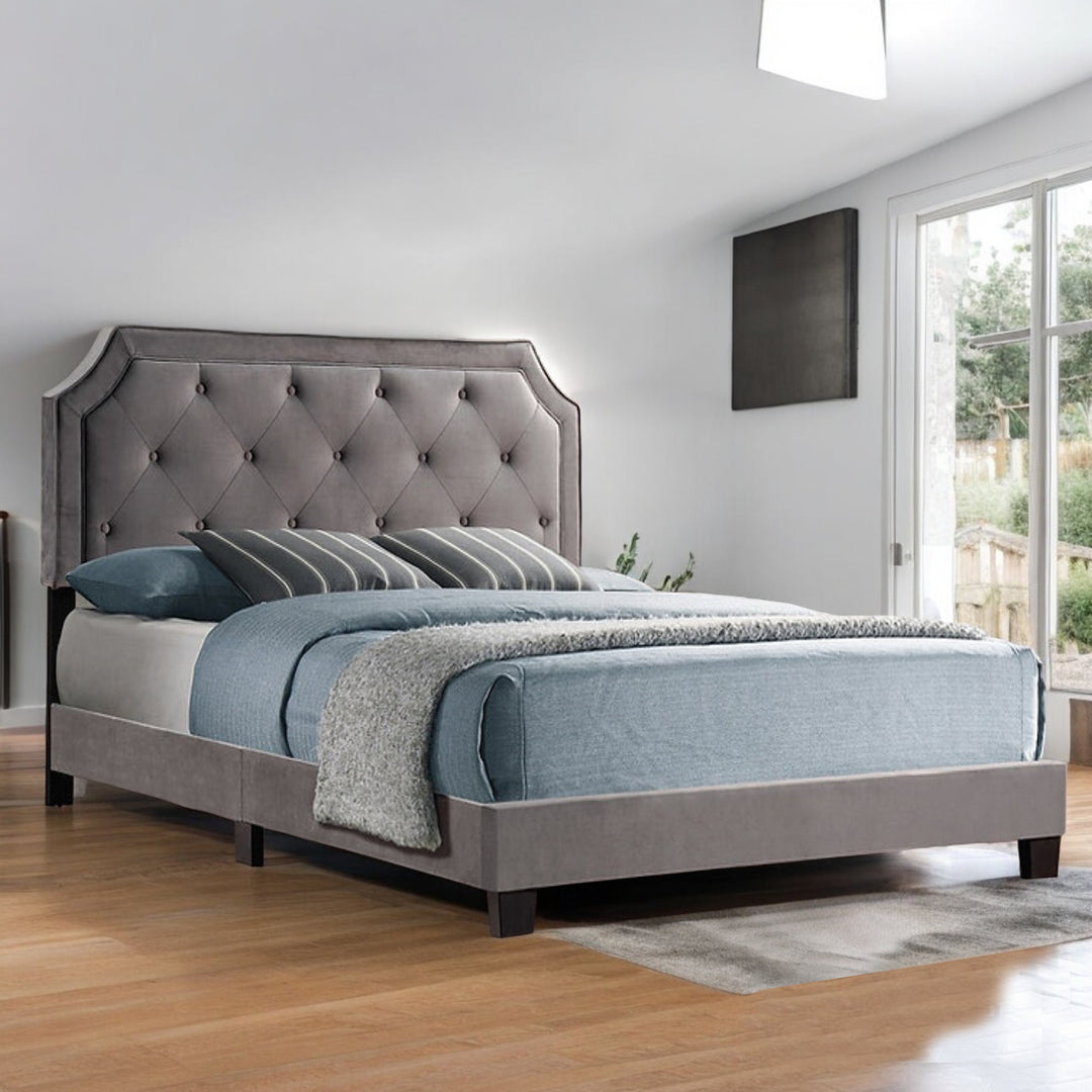 Greece Grey Platform Bed With Sophisticated Velvet Fabric