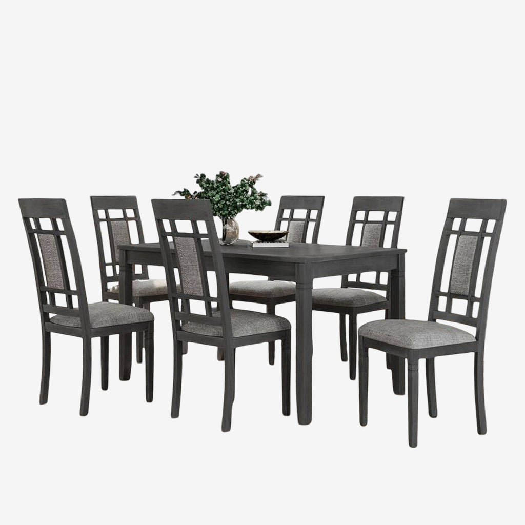 Alexia 7-Piece Classic Wooden Dining Set In Fabric Upholstery - Grey