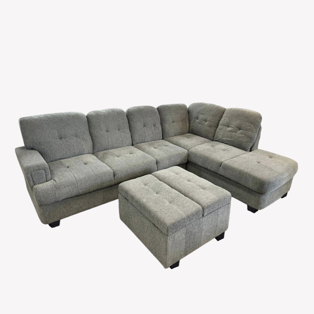 Bena Comfortable Sectional Sofa With RHF Chaise & Storage Ottoman - Exquisite Grey