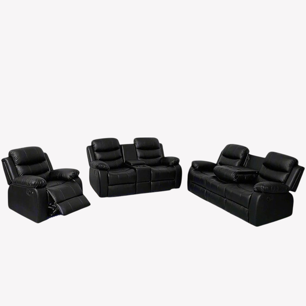 Cassian 3-Piece Recliner Set In Premium Leather Upholstery - Black