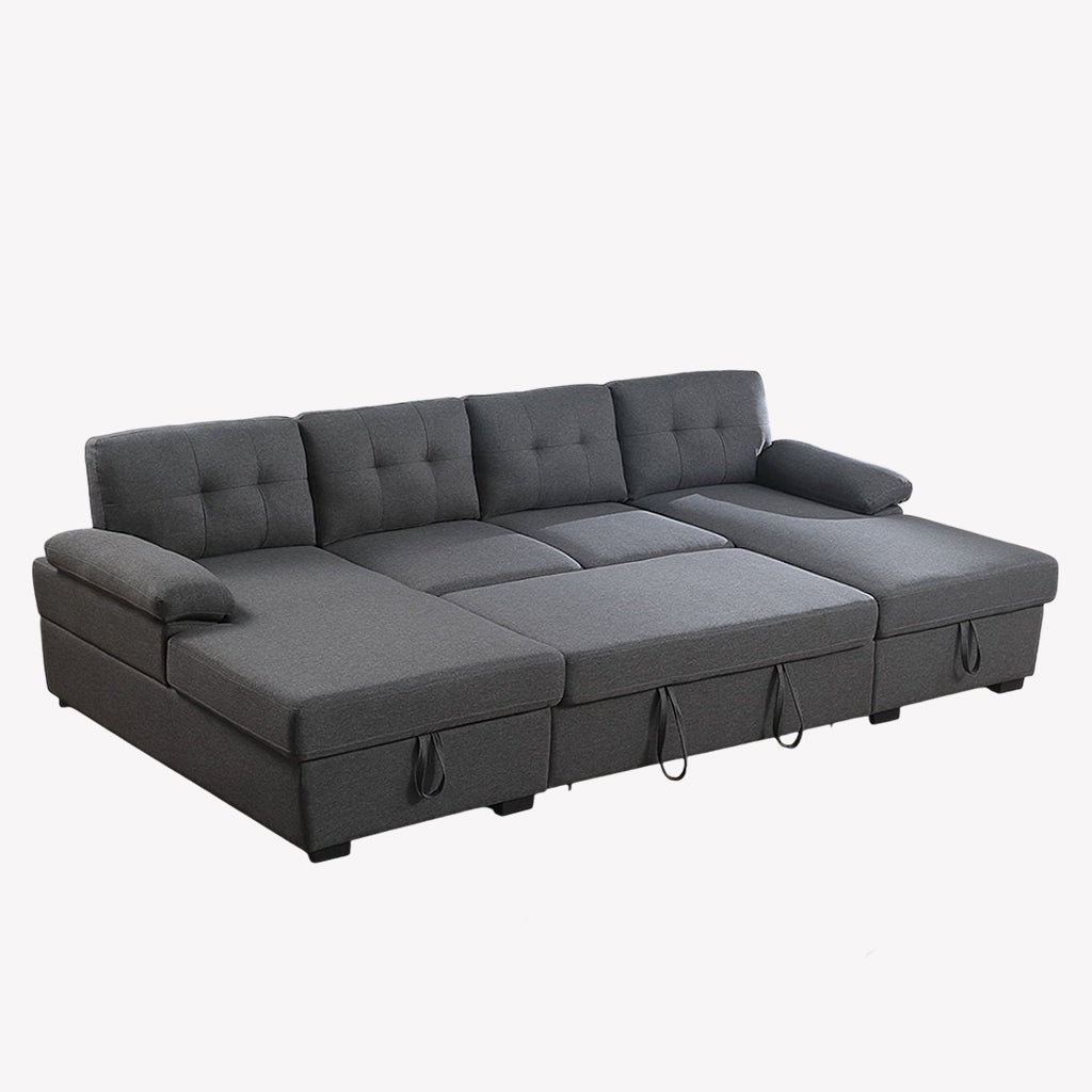 Lounza Fabric Upholstered Sectional Sofa Bed With Dual Corner Chaise - Grey