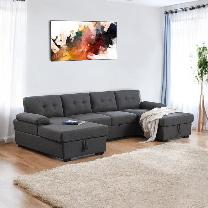 Lounza Fabric Upholstered Sectional Sofa Bed With Dual Corner Chaise - Grey