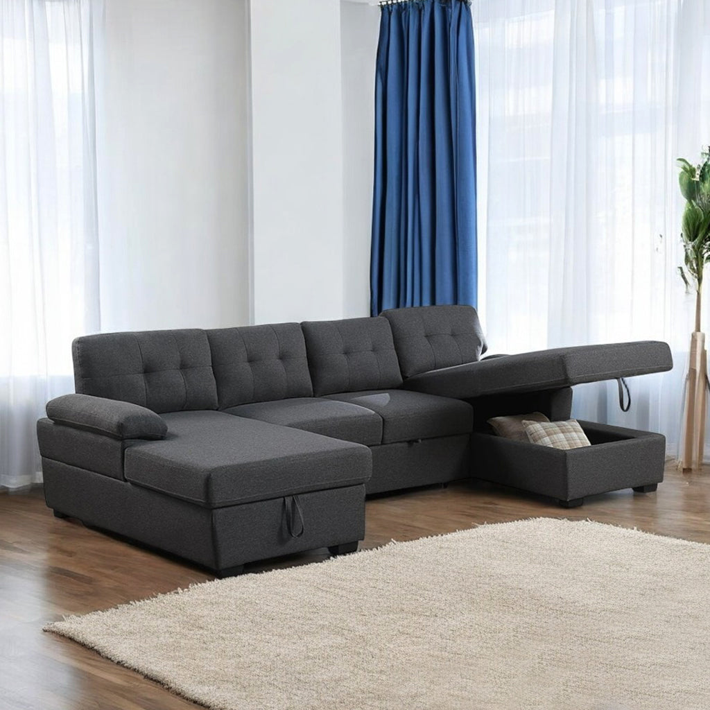 Lounza Fabric Upholstered Sectional Sofa Bed With Dual Corner Chaise - Grey