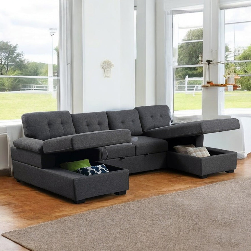 Lounza Fabric Upholstered Sectional Sofa Bed With Dual Corner Chaise - Grey