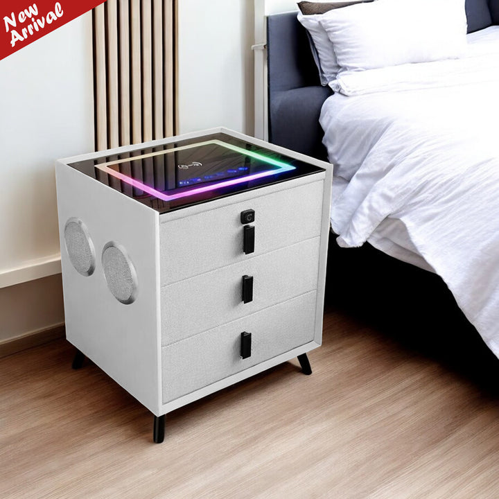 Luminous Stylish 3-Drawer Multi-Function Nightstand With Fingerprint Lock - White