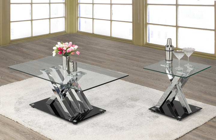 Zephyr Coffee Table With Tampered Glass Top & X-Shaped Metallic Base - Black/ Chrome