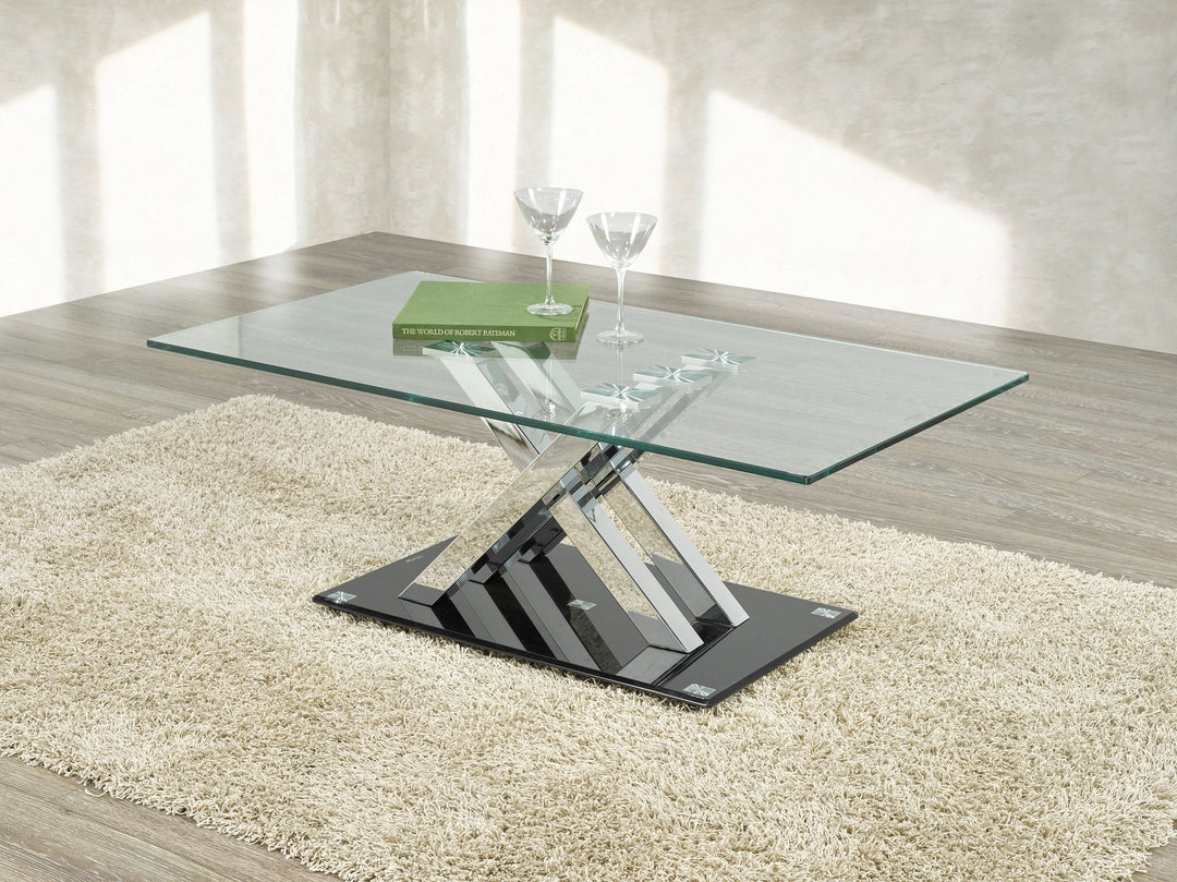 Zephyr Coffee Table With Tampered Glass Top & X-Shaped Metallic Base - Black/ Chrome