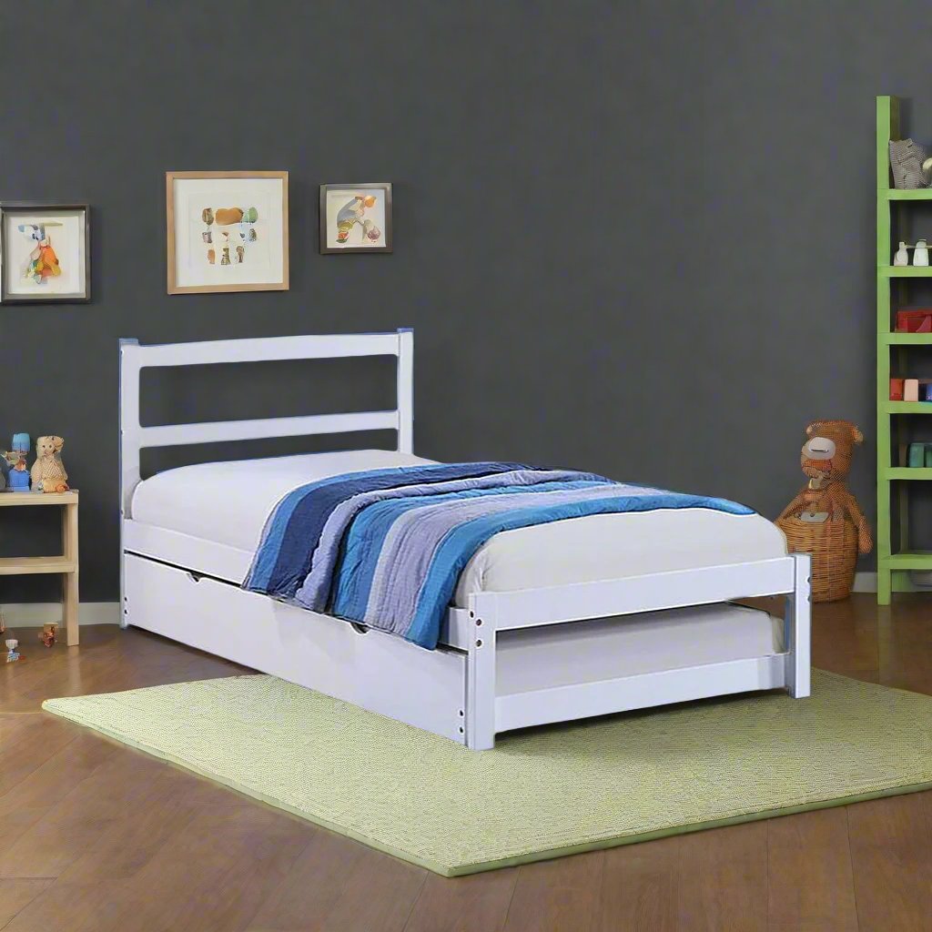 Parker Sleek Platform Bed Frame With Storage Drawers and Pull-Out Trundle - White