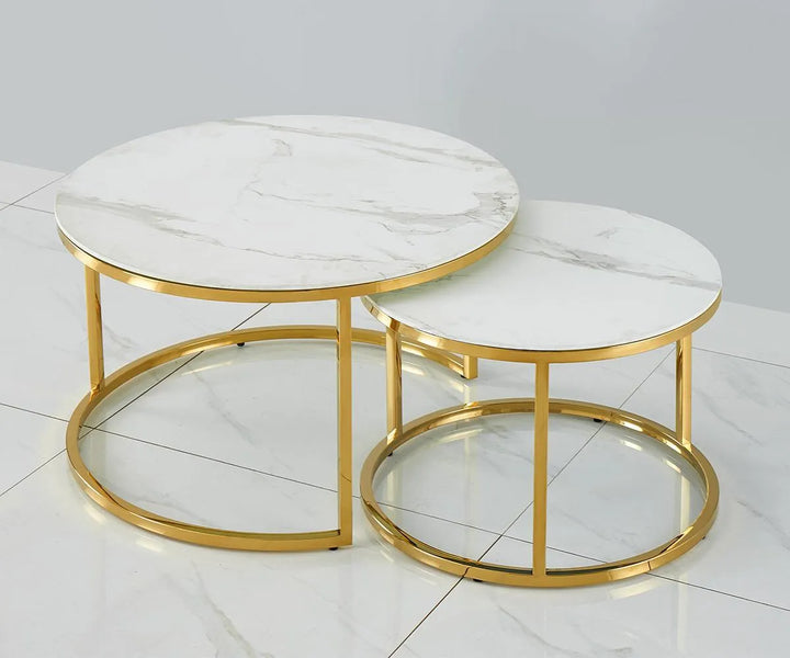 Vanessa Marble Glass Coffee Table With Gold Finish Base | Available In White & Black Top