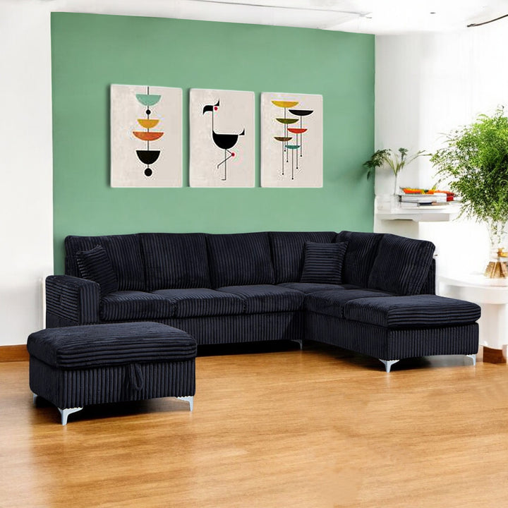 Scott Reversible Sectional Sofa Set With Soft Fabric Upholstery In Black Finish