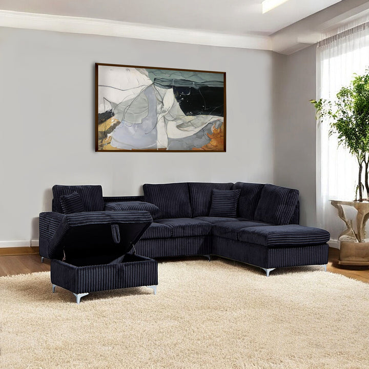 Scott Reversible Sectional Sofa Set With Soft Fabric Upholstery In Black Finish