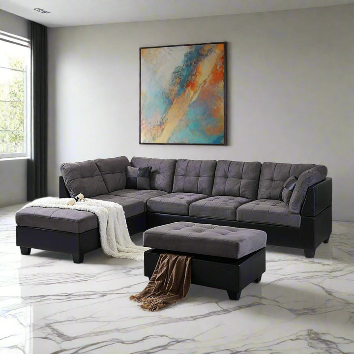 Eva Sectional Sofa Set With LHF Chaise & Storage Ottoman - Grey