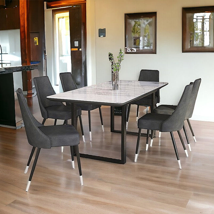 7-Piece Timeless Dining Set | Marbled-Look Glass Top & Vintage Faux Leather Chairs