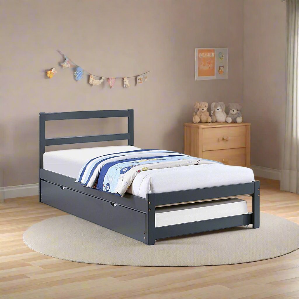 Parker Sleek Platform Bed Frame With Storage Drawers and Pull-Out Trundle - Grey