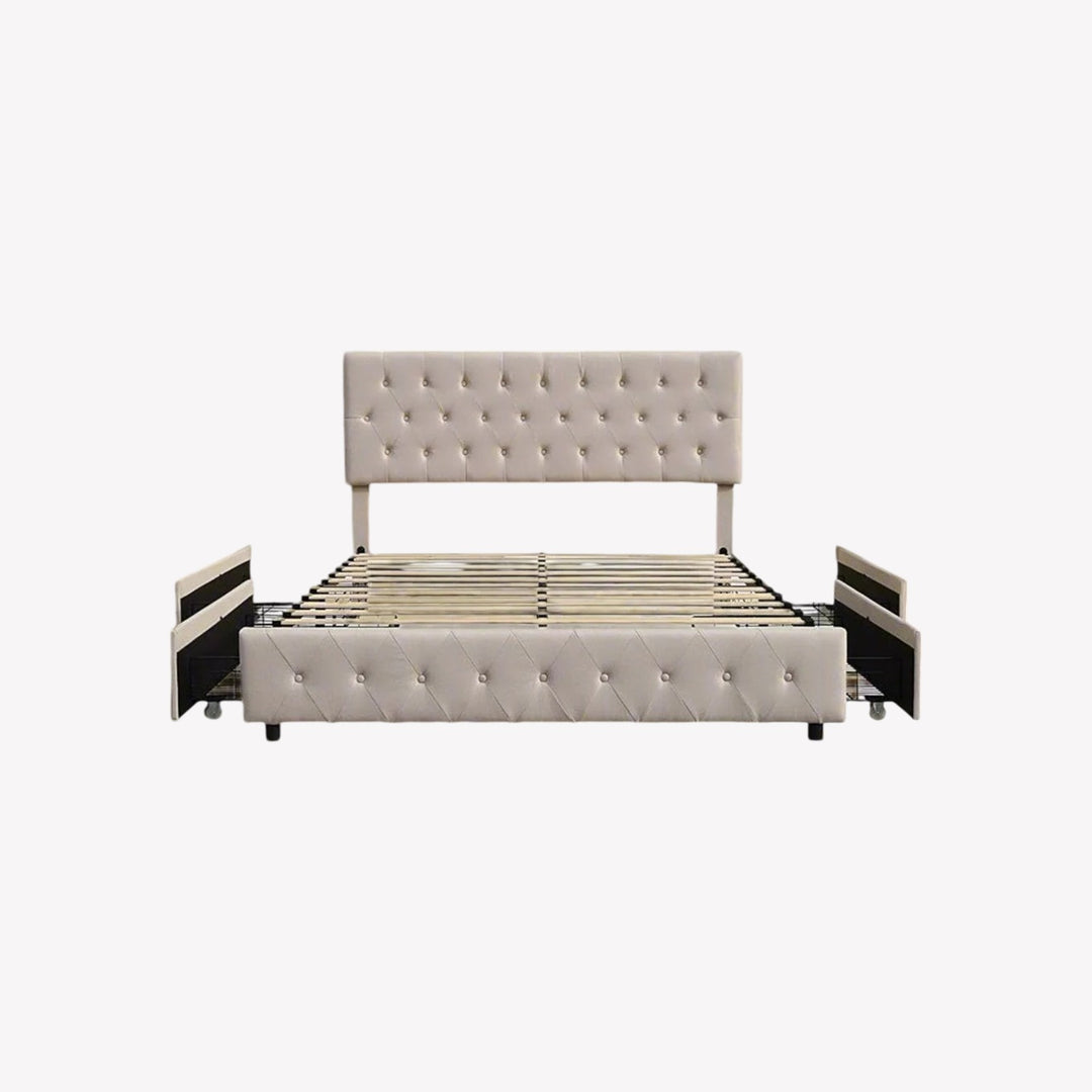 Finley Fabric Upholstered Platform Bed Frame With Built-in USB Charging Ports - Beige