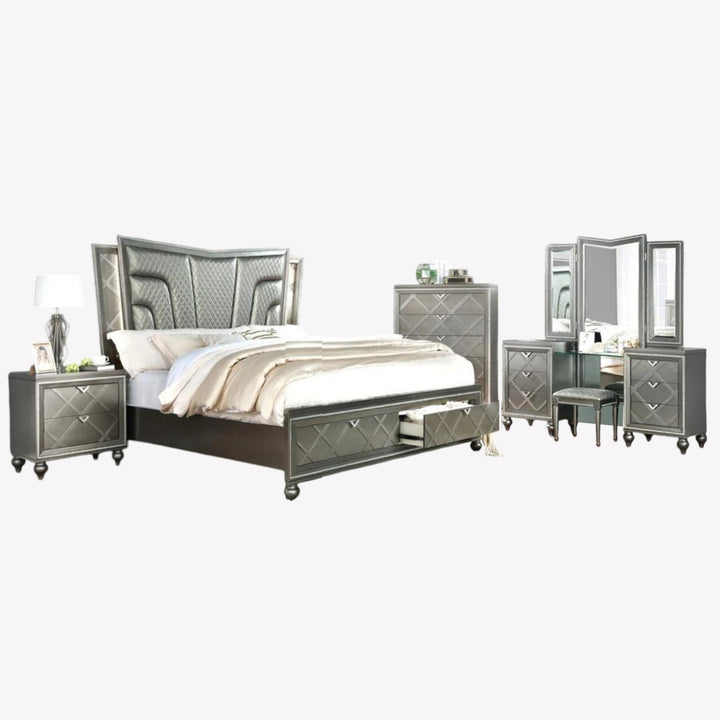 Lustre 8-Piece Bedroom Set With LED Lighting & Crystal Accents - Charcoal