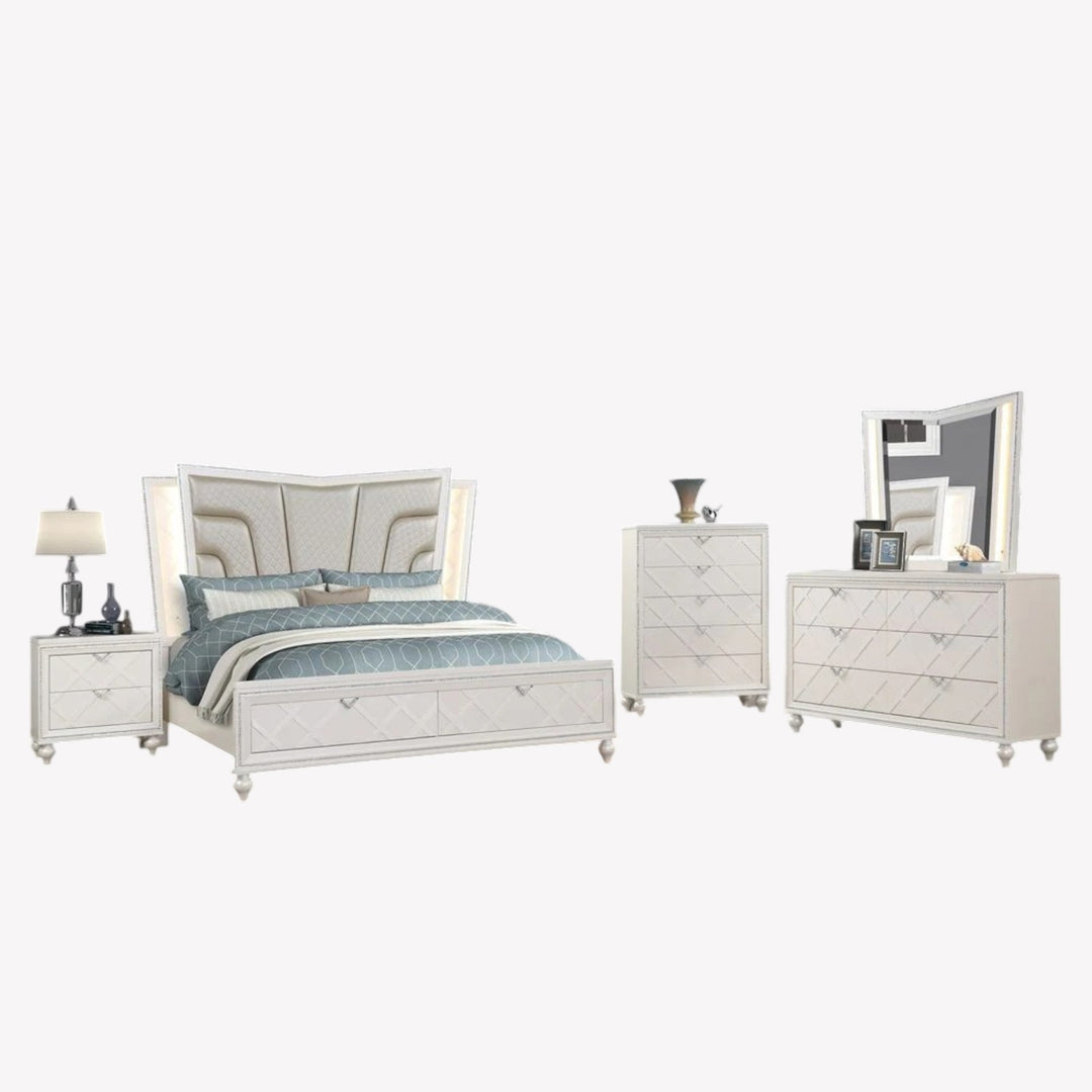 Lustre 8-Piece Bedroom Set With LED Lighting & Crystal Accents - White