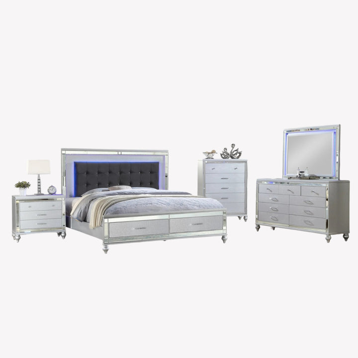 Elysian 8-Piece Bedroom Set With Built-In LED Lights - Silver/ Black