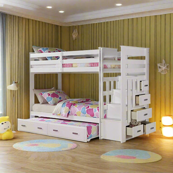 Star Bunk Bed (Single/ Single) With Convertible Pull-Out Trundle - White