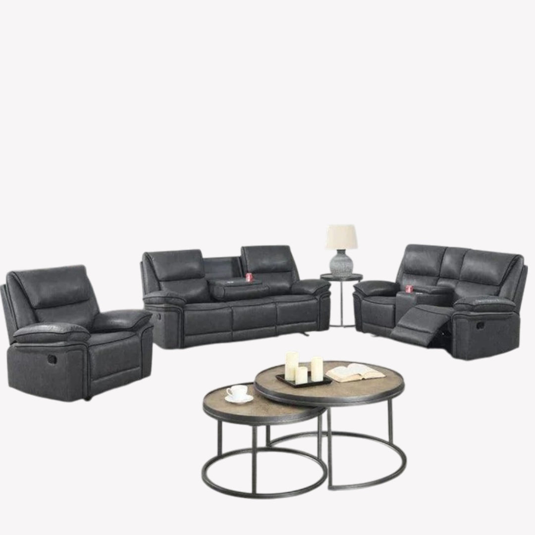 Deluxe 3-Piece Recliner Set In Aire-leather Upholstery - Charcoal